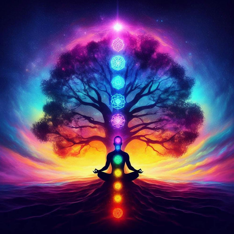 Silhouette of a man meditating under the tree of life