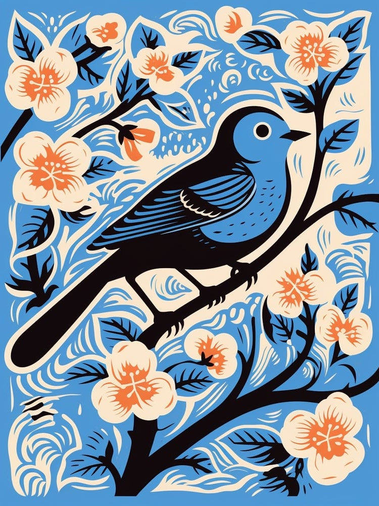 Vintage Bird Linocut Bluebird 4