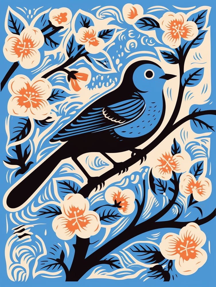 Vintage Bird Linocut Bluebird 4
