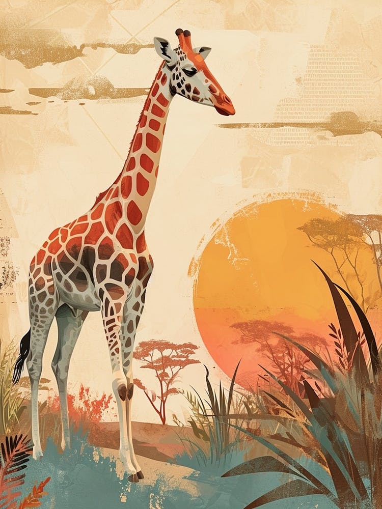 Giraffe In The Sunset Textured Illustration