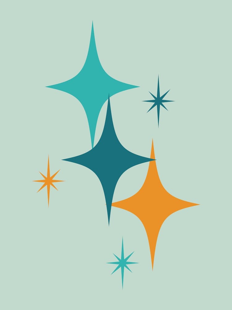 Mid Century Modern Atomic Starburst Teal, Orange, Aqua