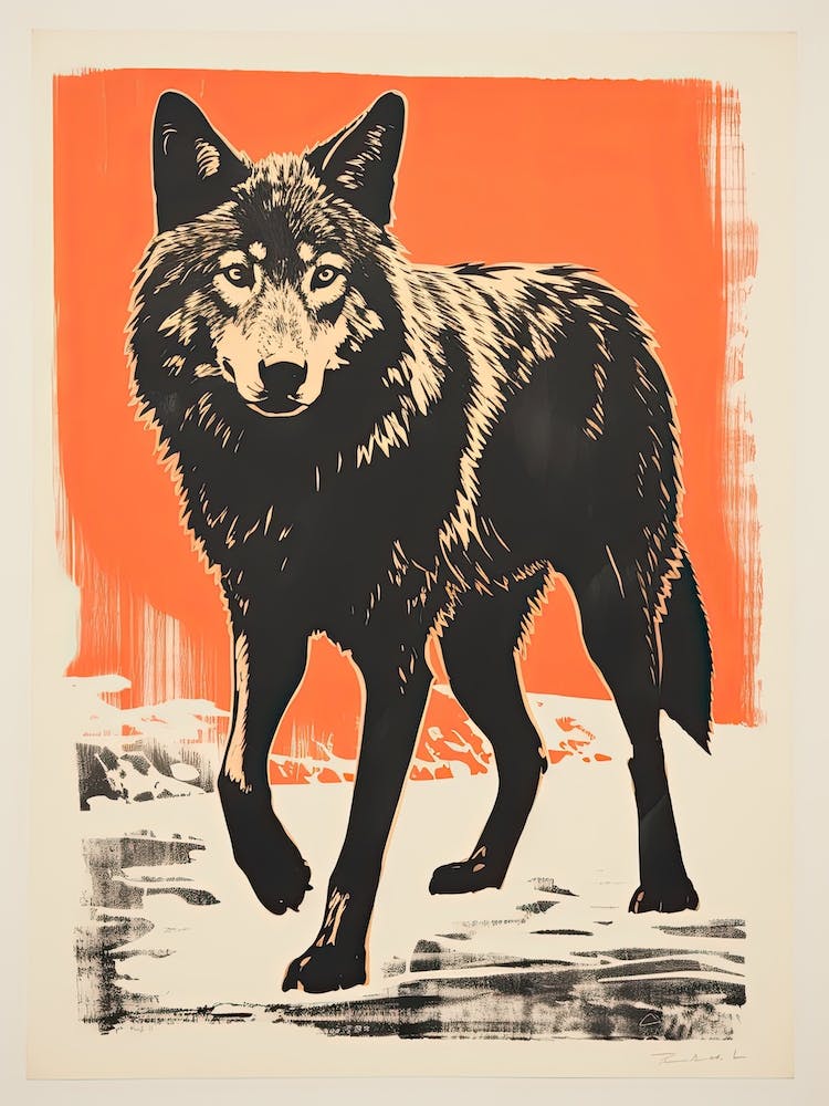 Wolf, Woodblock Animal  Drawing 1