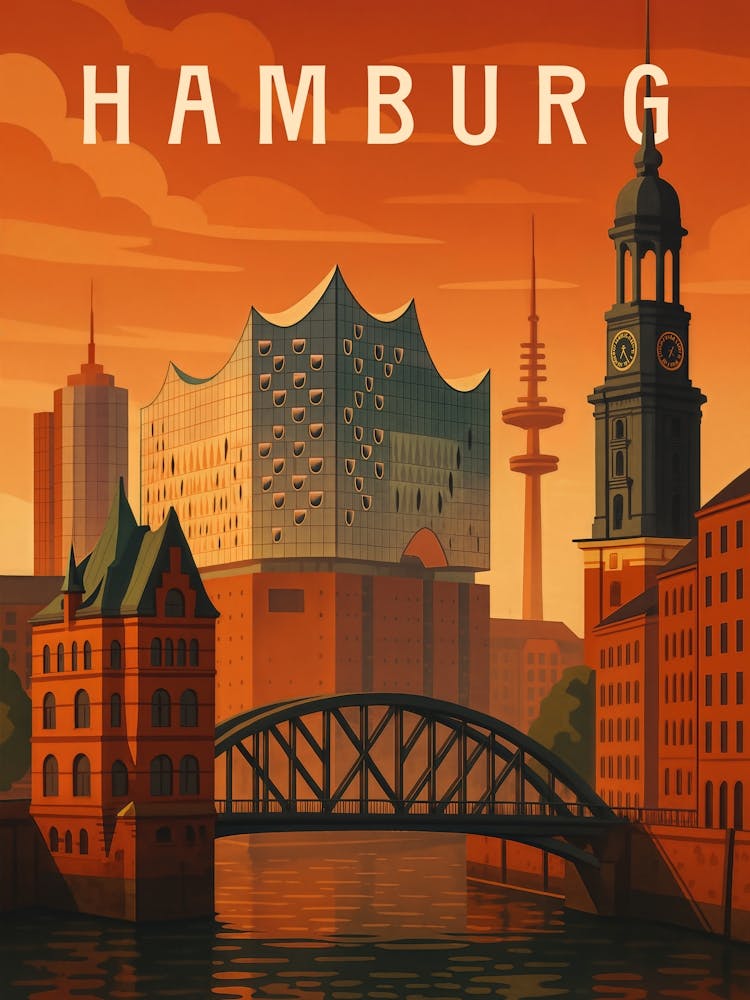 Hamburg Travel Poster Germany – Harbor, Sunset & City Icons: This travel poster of Hamburg blends urban architecture with sunset harbor views. Featuring the Elbphilharmonie, Michel Church, and Speicherstadt – a tribute to northern Germany’s port city char