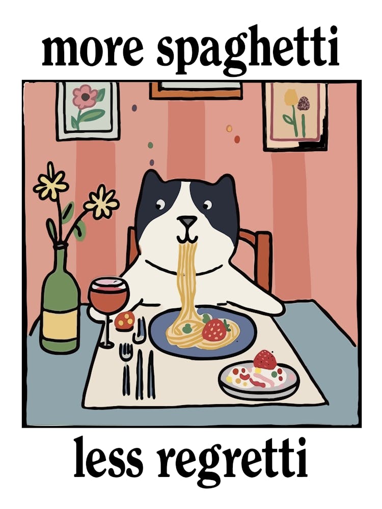 More Spaghetti Less Regretti White Black Dog Print Retro Diner Poster Cartoon Dining Pasta Posters, Italian Kitchen