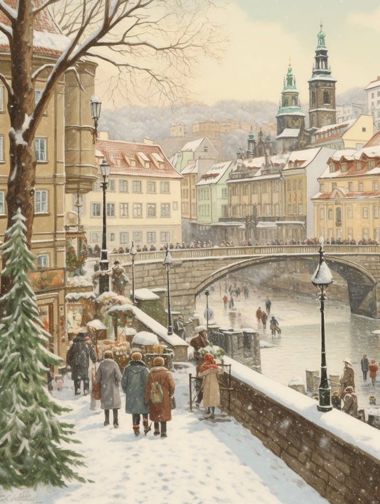 Vintage Winter Illustration Prague Czech Republic 2