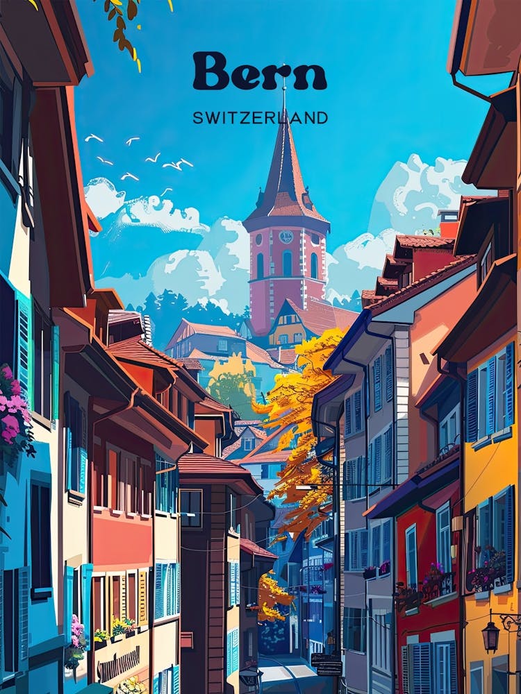 Bern Switzerland Summer Travel Art Illustration