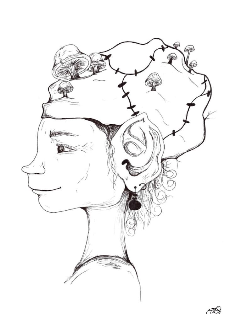 Black and White Pixie with Toadstools