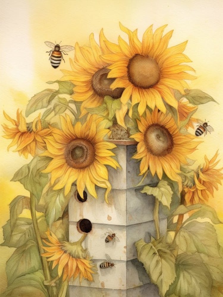 Sunflower Bee Beehive Watercolour Illustration 2