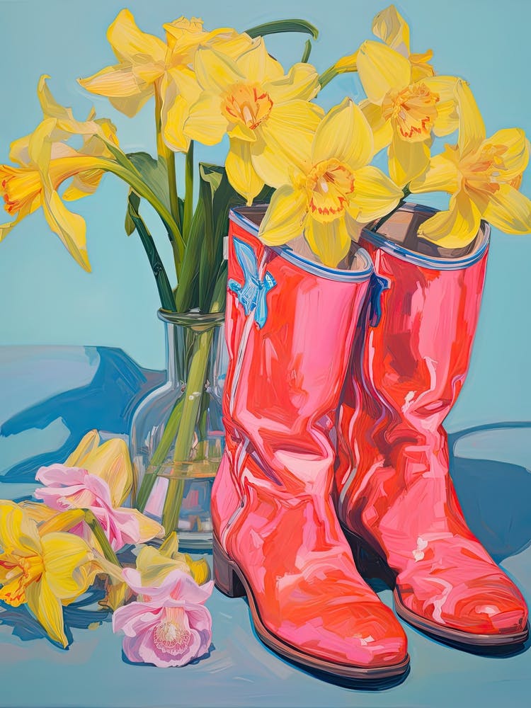 Painting Of Daffodil Flowers And Cowboy Boots, Oil Style 2