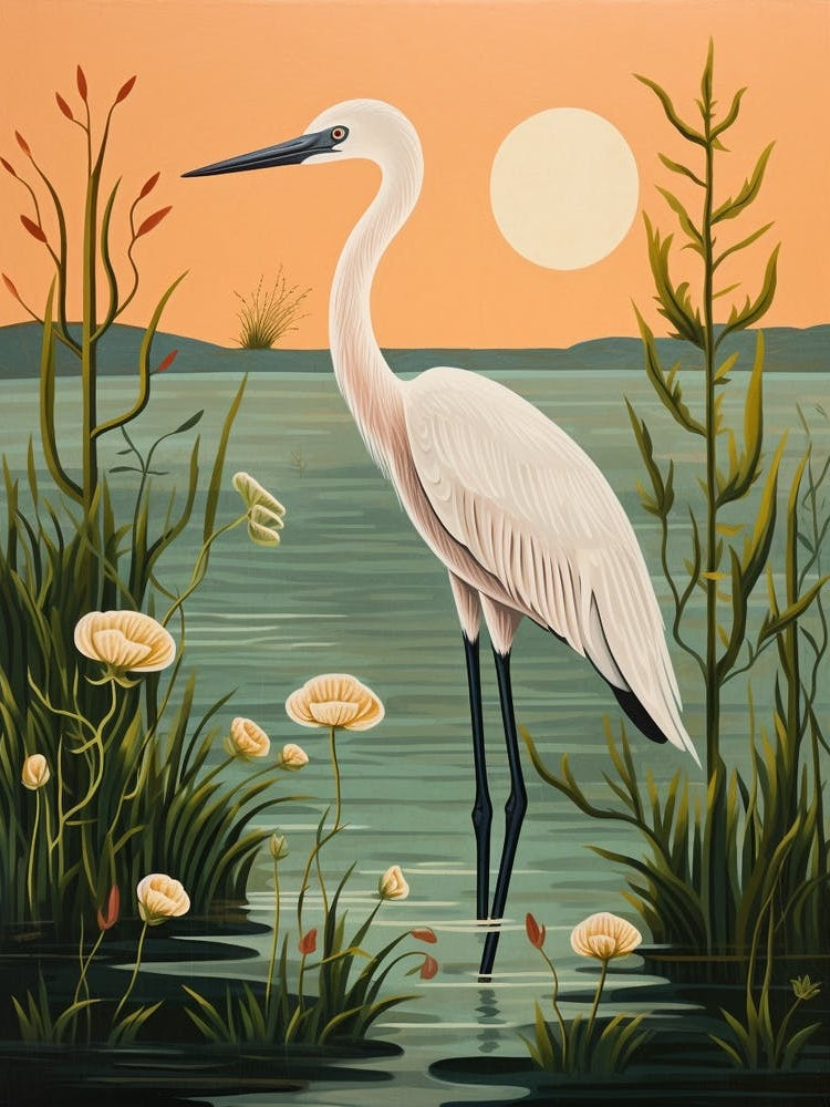 Vintage Bird Linocut Egret 1