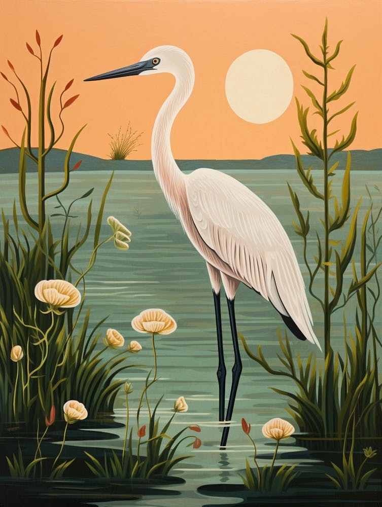 Vintage Bird Linocut Egret 1