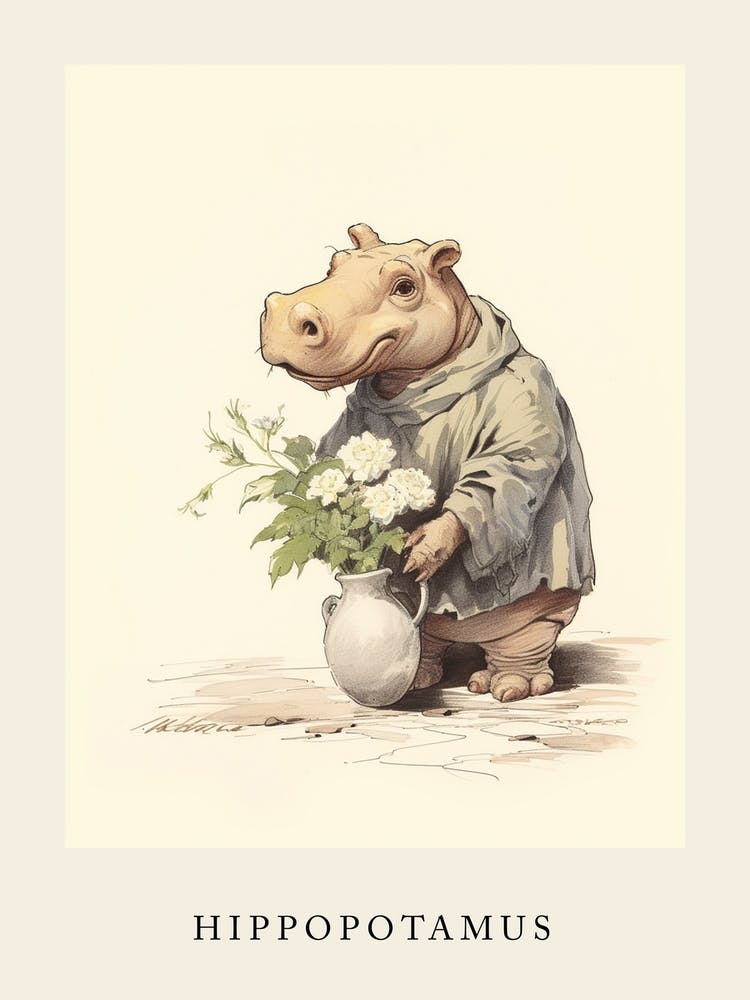 Beatrix Potter Inspired  Animal Watercolour Hippopotamus 3