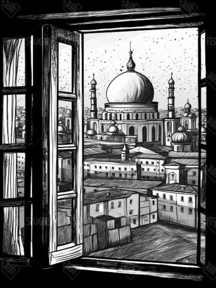 Window View Of Moscow Russia   Black And White Colouring Pages Line Art 1
