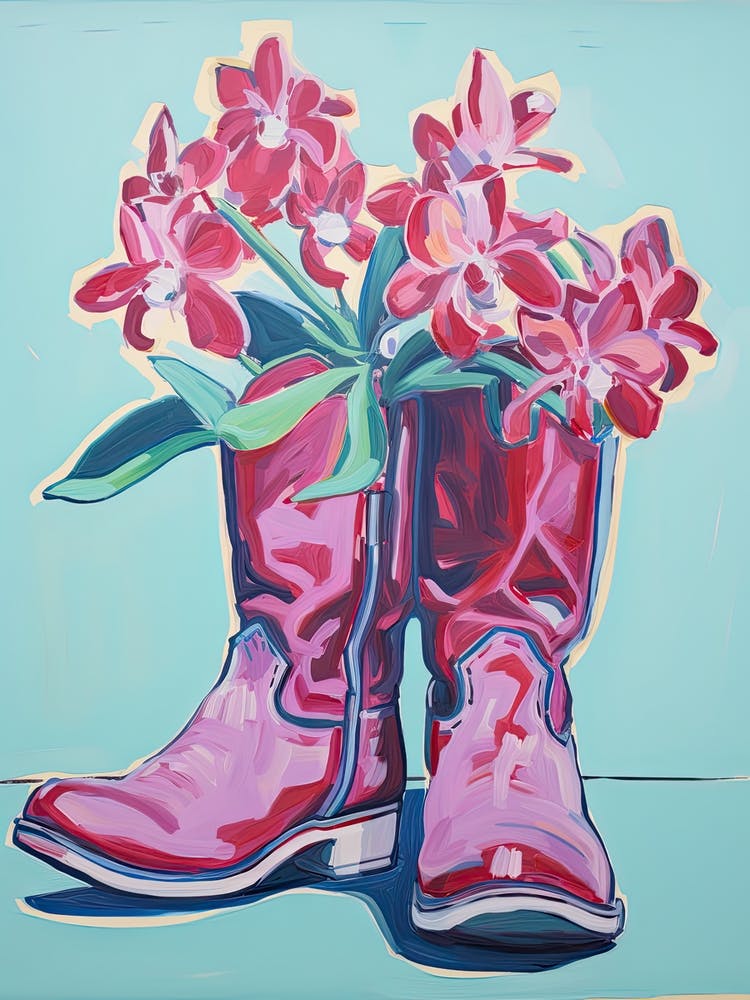 A Painting Of Cowboy Boots With Pink Flowers, Fauvist Style, Still Life 6