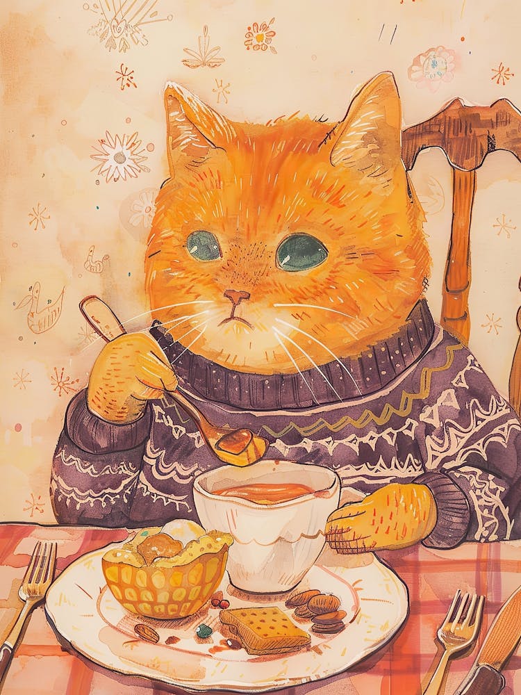 Happy Orange Cat Having Breakfast Folk Illustration 3