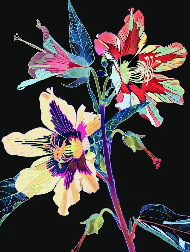 Neon Flowers On Black Hollyhock 2