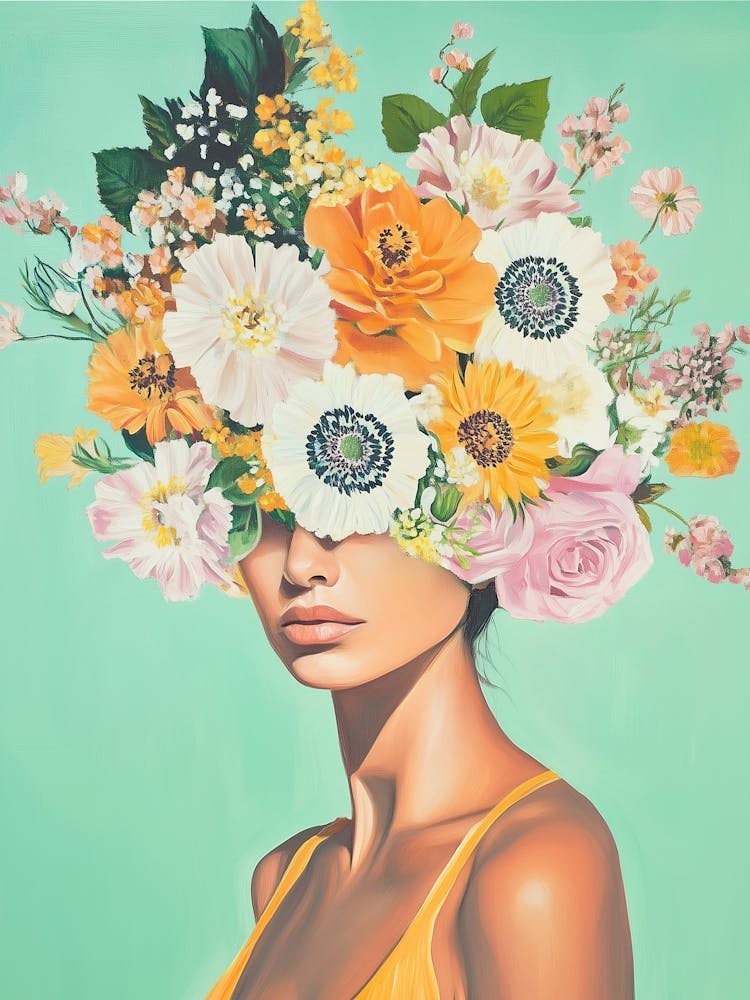 Frau mit Blumenhaar Maria, Pastell Blumenkranz, bunte Sommer Malerei