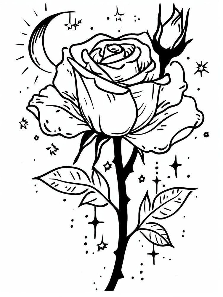Roses And The Moon Line Drawing 2