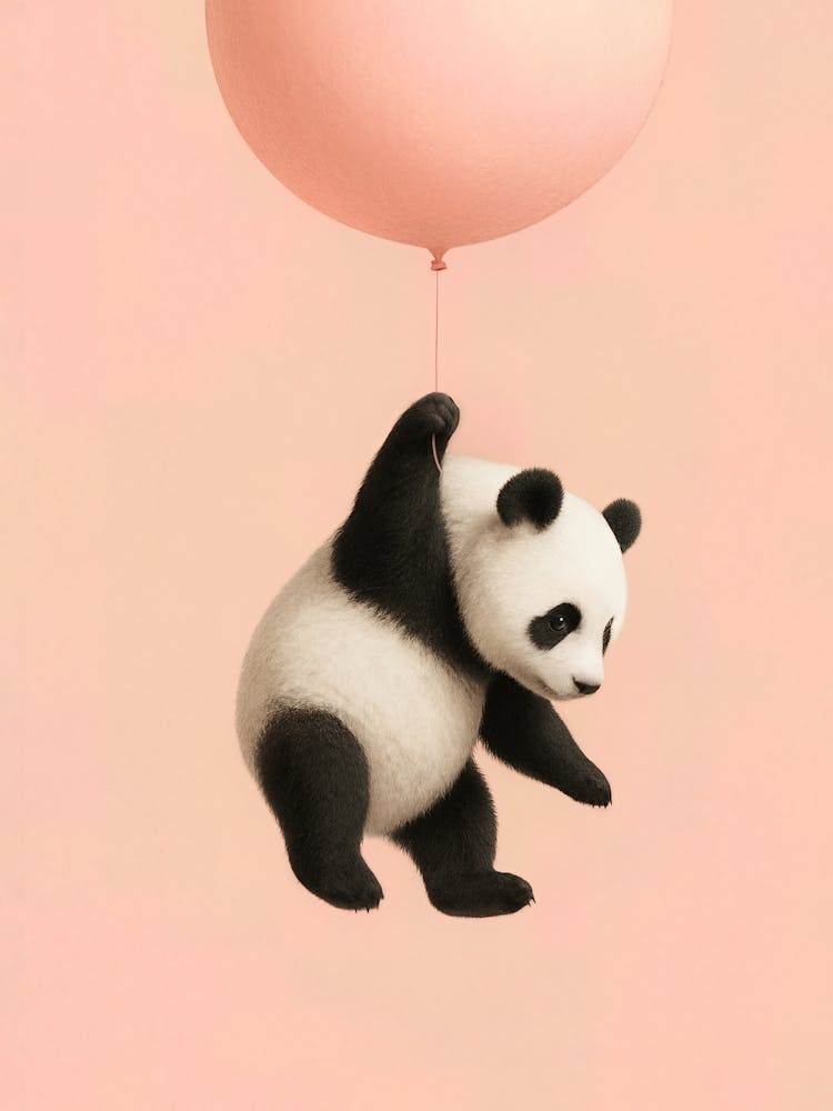 Baby Panda Balloon – Cute Floating Panda Bear in Pink Pastel: This playful baby panda drifts upward with a balloon in gentle pastel tones. A sweet and fluffy friend for nurseries and kids rooms – full of charm, love, and lighthearted baby animal fun.