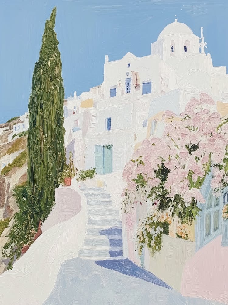 Travel Poster Santorini Houses Greek Island Painting Greece Summer