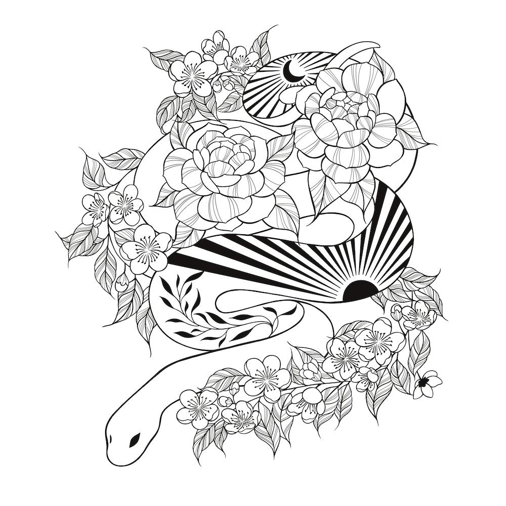 Snake And Peonies With Sunrise And Sunset