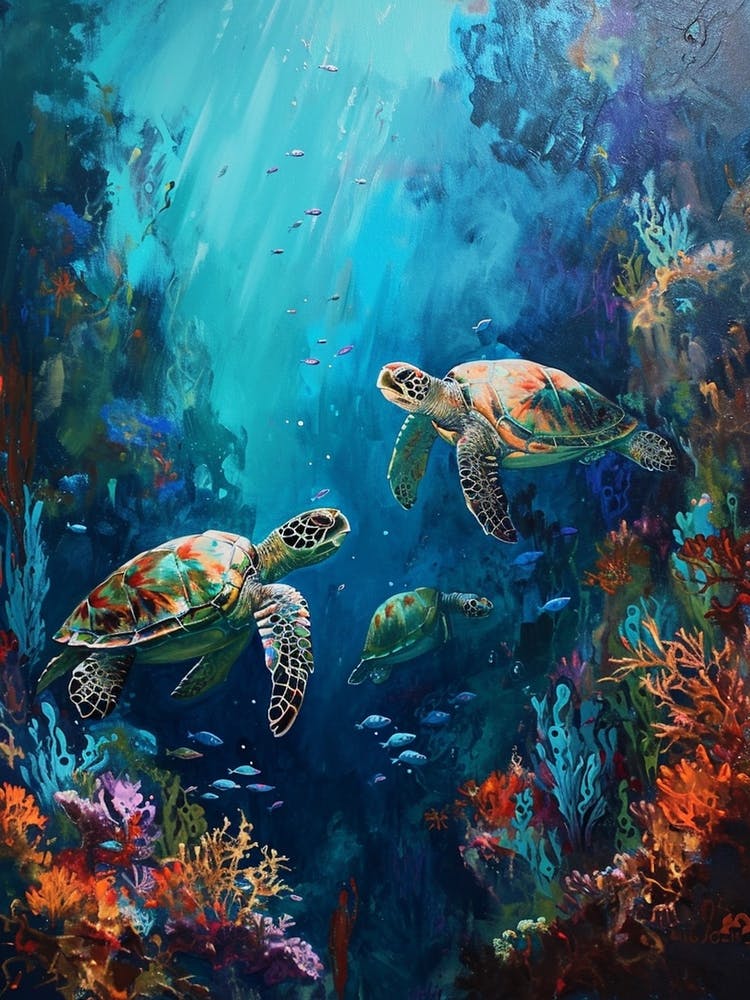 Sea Turtles With A Coral Reef Expressionism Style Painting 4