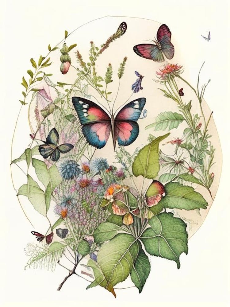 Butterflies On Plants Watercolour Ink 1