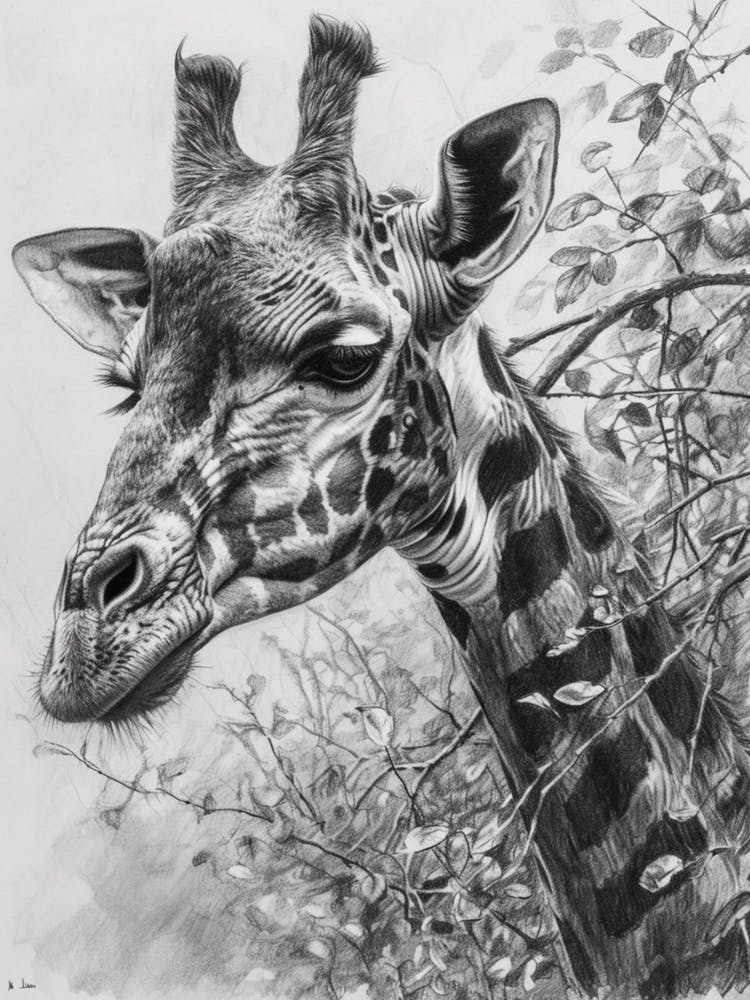 Giraffe With Head In The Branches Pencil Drawing 4