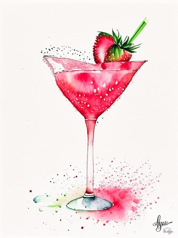 Strawberry Margarita, Cocktail, Drink Minimalist Watercolour 1
