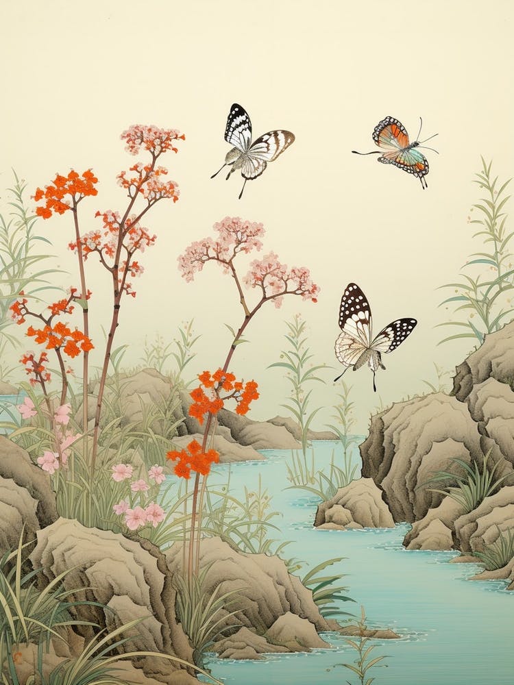 Butterflies By The River Japanese Style Painting 2