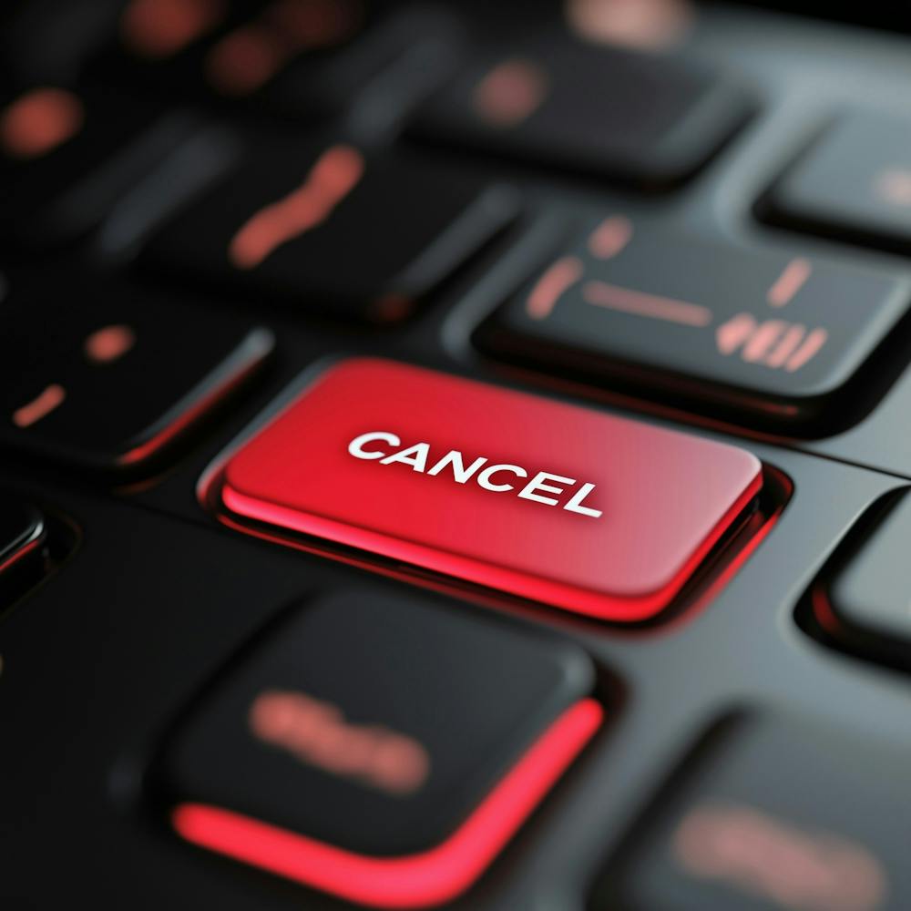 A Laptop Keyboard Shot With A Red Button Rectangle With The Word Cancel On It, High Resolution, High Details, Shot In The Style Of Sony Alpha A7 Iii