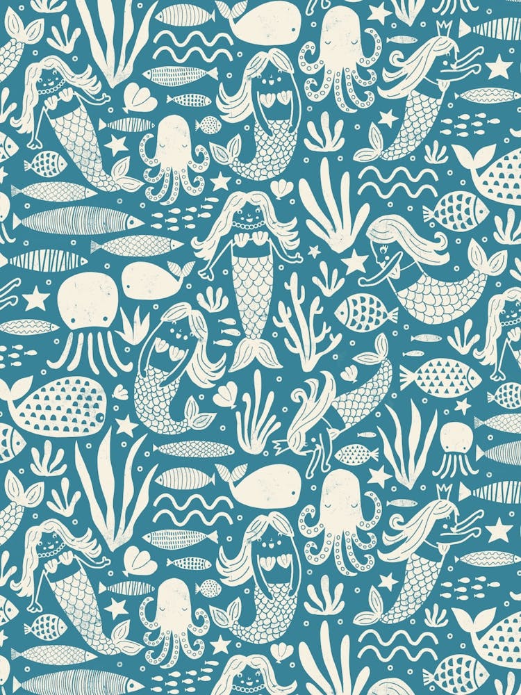 Underwater Mermaids and Sea Life Block Print White on Teal Blue Kids