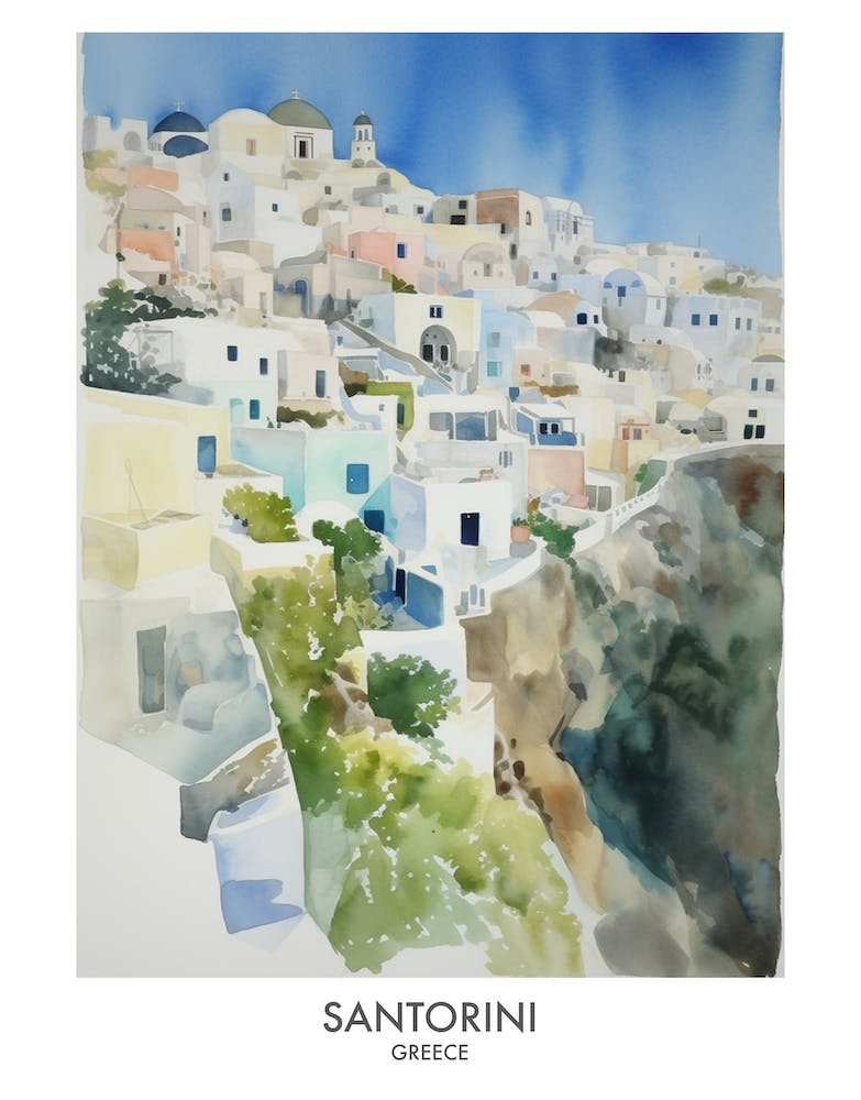 Santorini Greece Watercolour Travel Poster 2