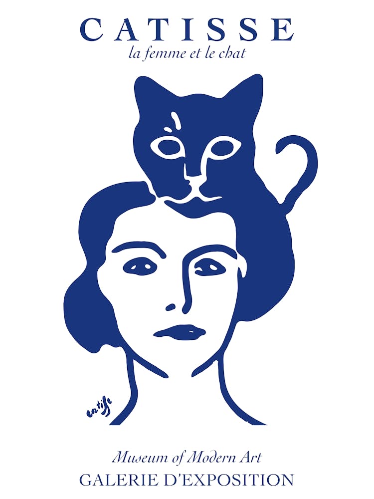 Matisse Catisse Woman With Cat Blue Fun Wall Art Blue Line Art Face