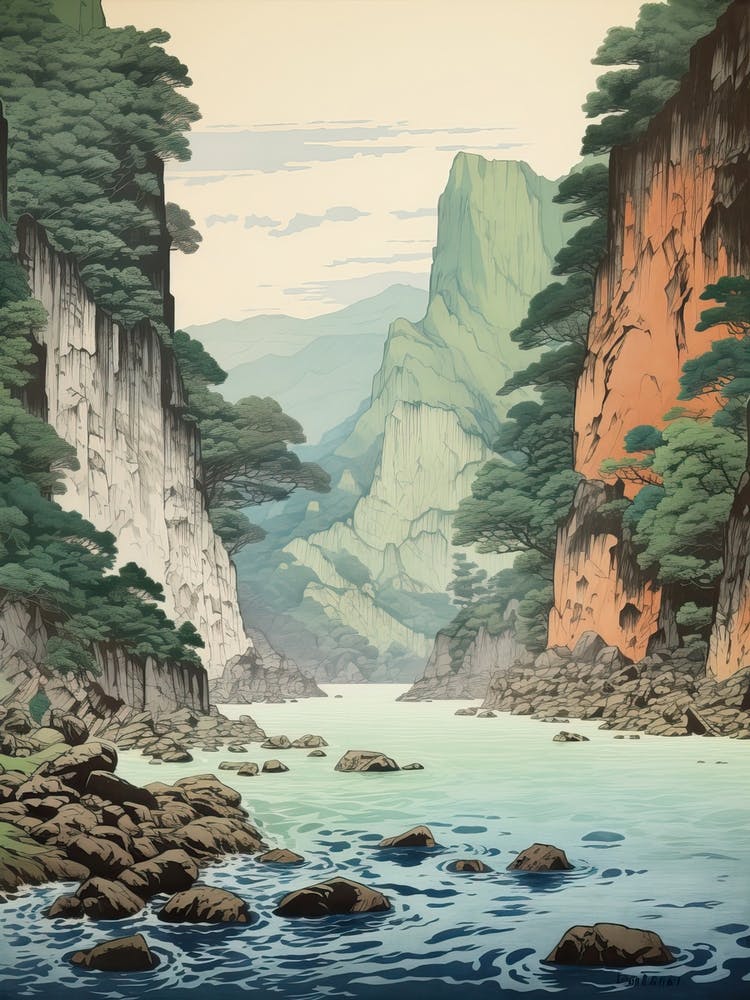 Sounkyo Gorge In Hokkaido, Ukiyo E Zeichnung 4