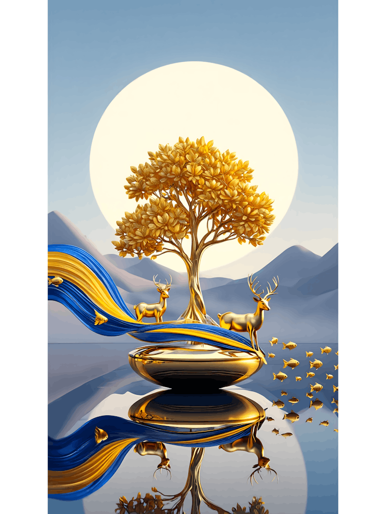 A golden tree with glowing leaves rise l and two metallic golden deer with reflective surfaces.