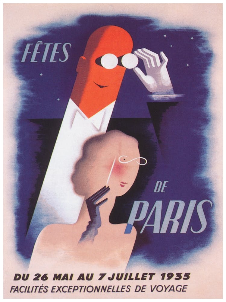 Fêtes De Paris, France Festival, Man and Woman, Art Deco Vintage Poster