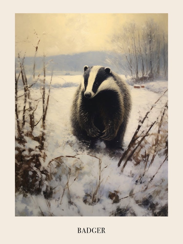 Vintage Winter Animal Painting Poster Badger 2