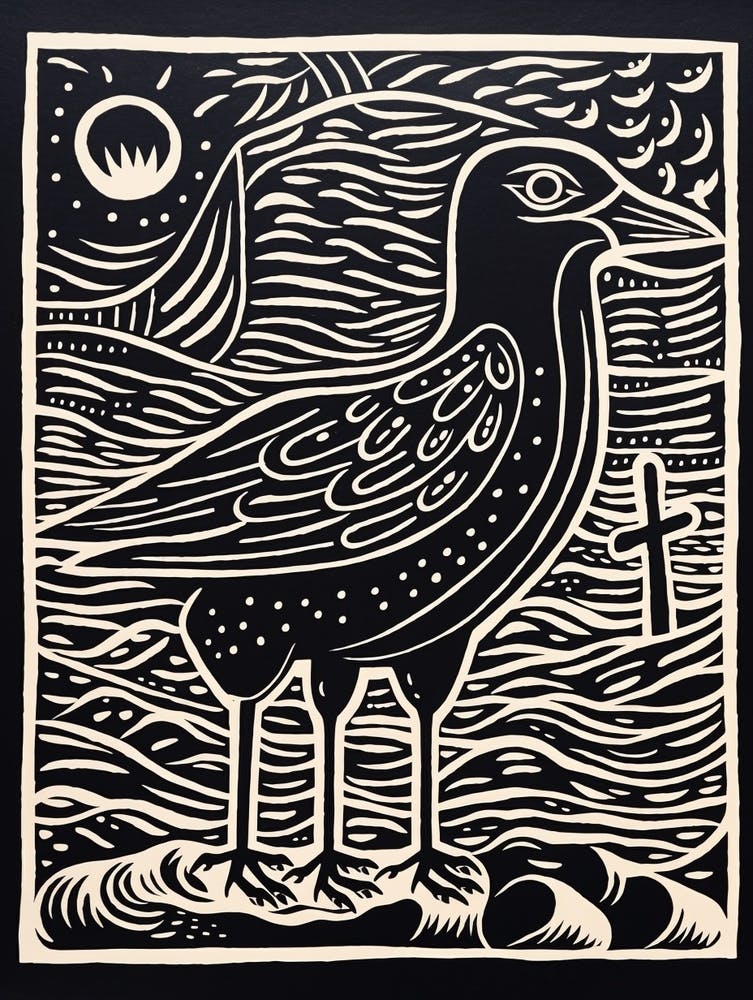 B&W Bird Linocut Seagull 3