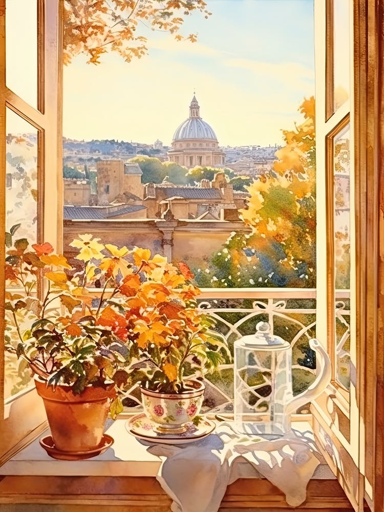 Window View Of Rome Italy In Autumn Fall, Watercolour 4