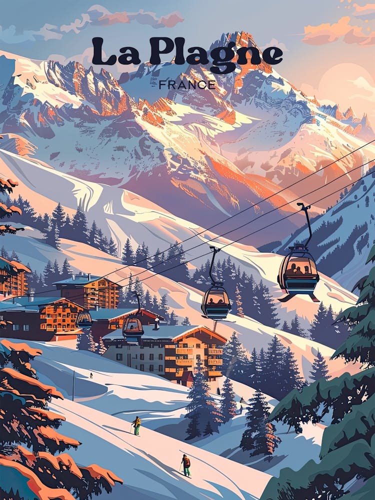 La Plagne France Mountain Ski Digital Travel Illustration