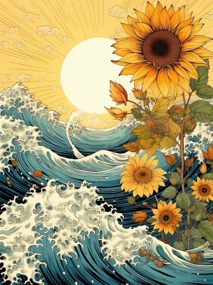 Great Wave With Sunflower Flower Drawing In The Style Of Ukiyo E 3