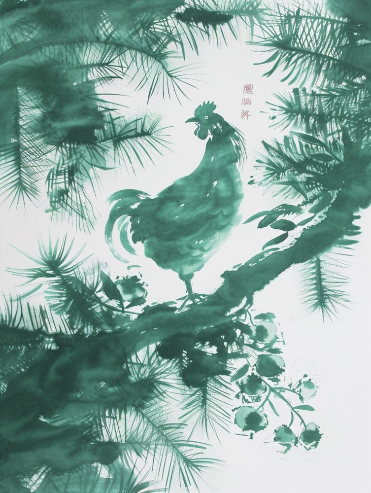 Green Ink Painting Of A Hen And Chicken Fern 3