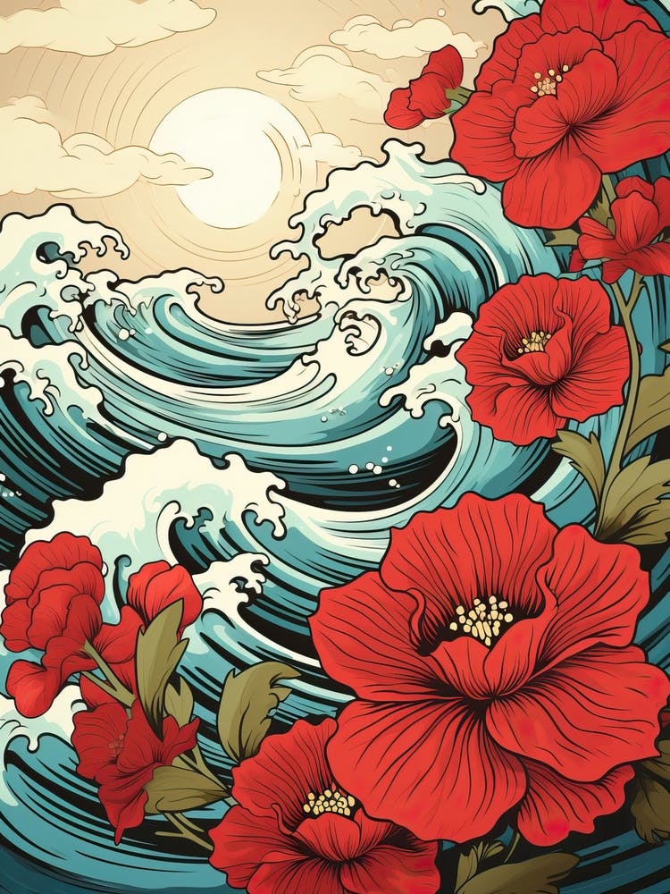 Great Wave With Poppy Flower Drawing In The Style Of Ukiyo E 2