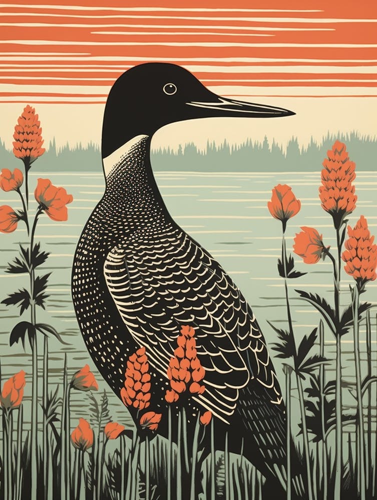 Vintage Bird Linocut Common Loon 3