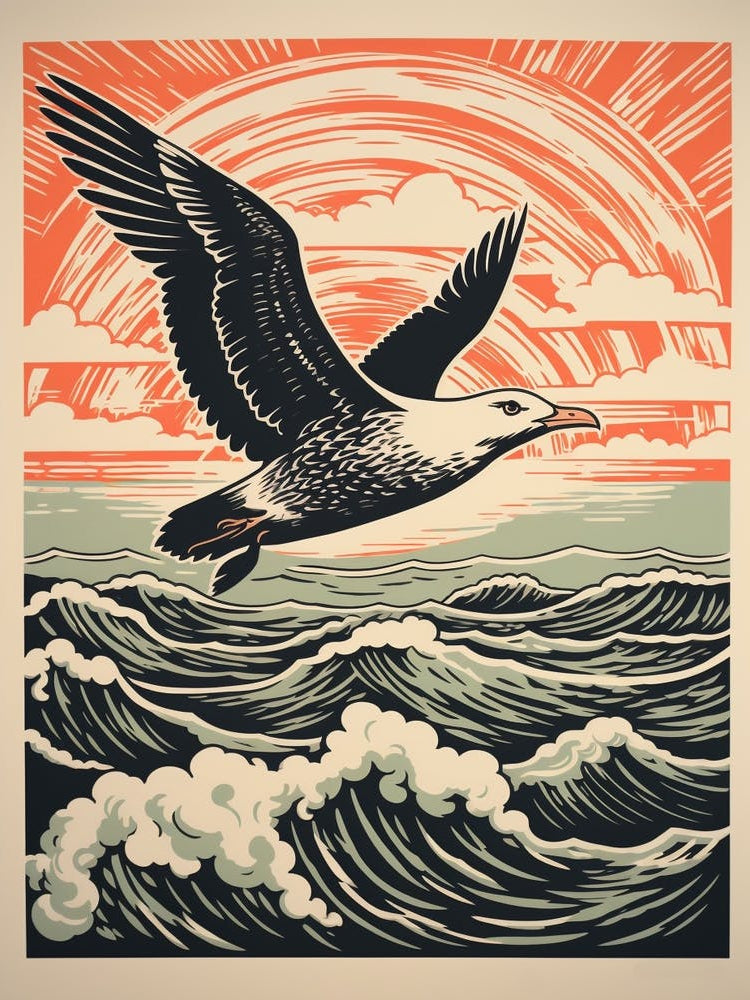 Vintage Bird Linocut Seagull 2