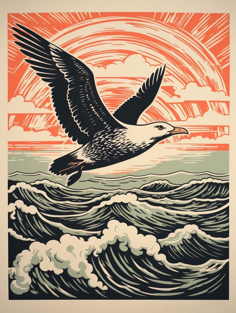Vintage Bird Linocut Seagull 2