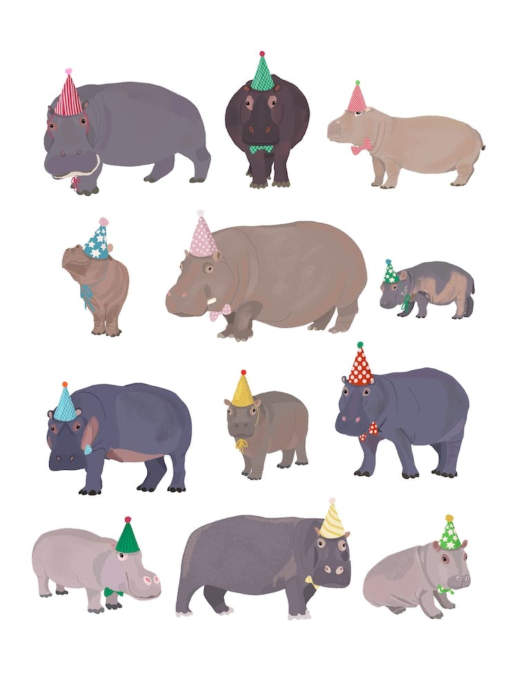 Hippos On Party Hats