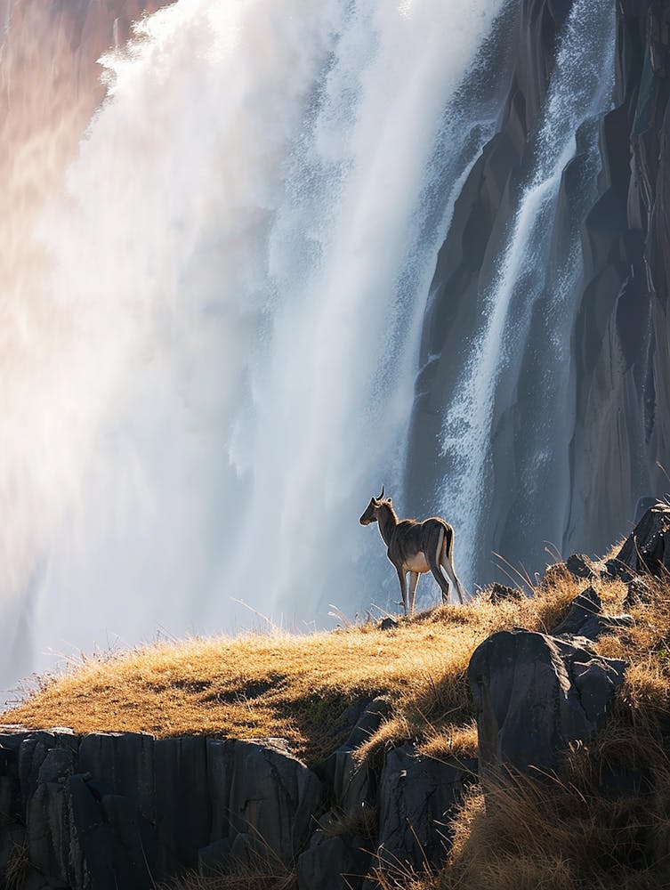 Deer In Front Of Waterfall