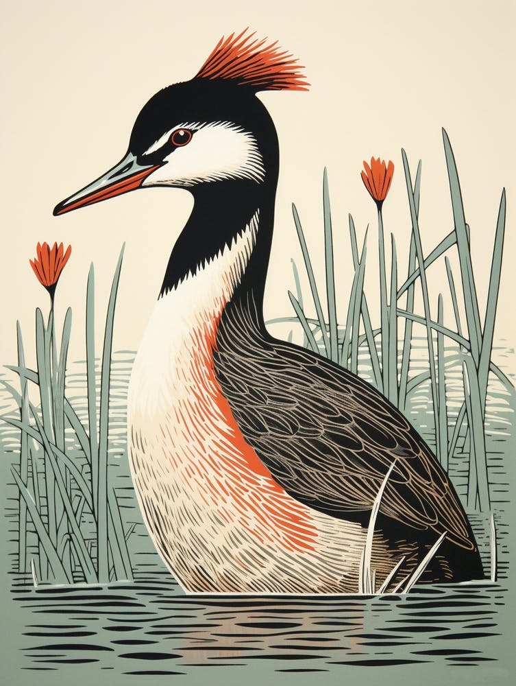 Vintage Bird Linocut Grebe 4